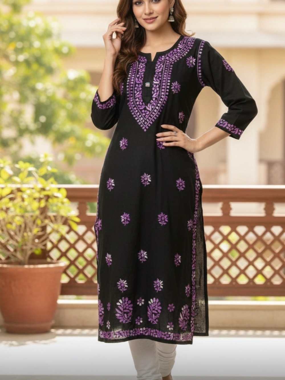 Black Kurta with Purple Lucknowi/ Chikan Embroidery
